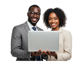 Smiling black man and woman in business attire holding a laptop together isolated on transparent background