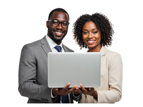Smiling black man and woman in business attire holding a laptop together isolated on transparent background