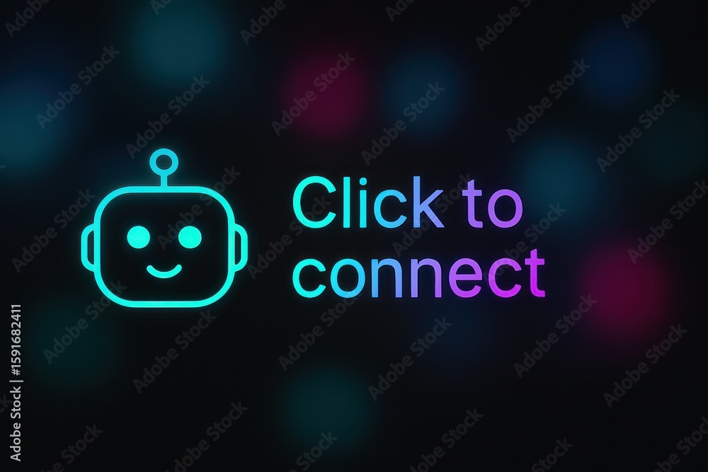 Poster a digitally rendered chatbot invites interaction, set against a blurred bokeh backdrop that simulate
