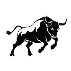 Intense black bull silhouette charging, symbolizing power and aggression. Ideal for logos, tattoos, or prints with a bold, minimalist vector style.