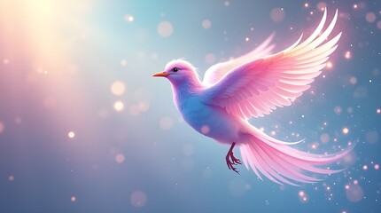 Obraz premium A serene dove, a symbol of peace and love, soars in the sky near a tree branch with delicate flowers, a beautiful nature illustration