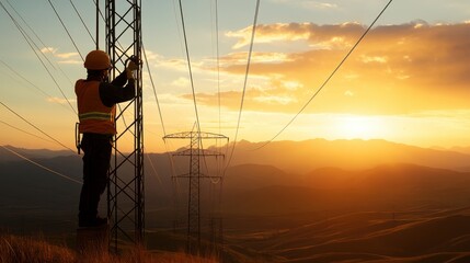 Worker Maintains Power Lines at Sunset with Scenic Mountain View