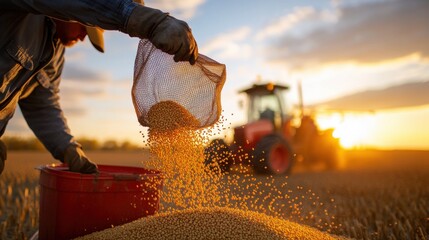 Farmer Harvesting Soybeans at Sunset with Tractor in Background