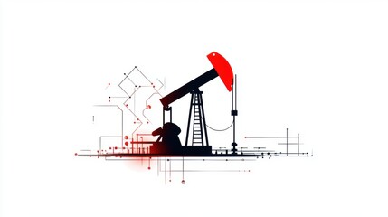 Oil Pump Jack Silhouette with Abstract Geometric Background Design