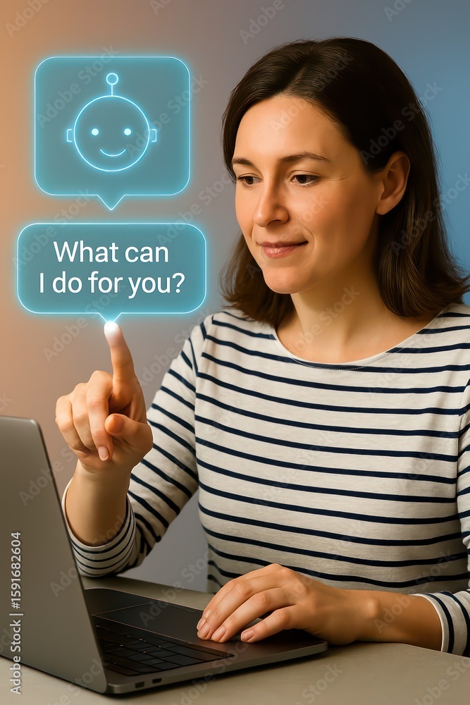 Poster a woman interacting with a chatbot on a laptop, exploring the possibilities of ai assistance and its