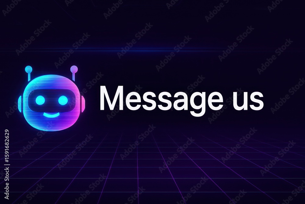 Poster a futuristic chatbot interface with a welcoming message invites interaction, its neon glow hinting a