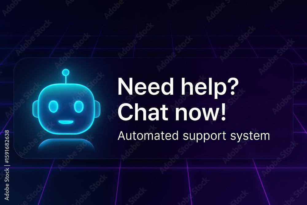 Poster an eye-catching graphic of a friendly robot icon, accompanied by a welcoming message: need help? cha