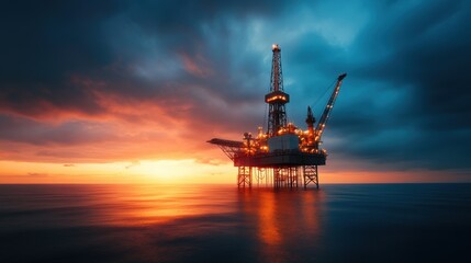 Oil Rig at Sunset in Calm Sea with Dramatic Cloudy Sky
