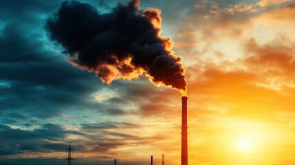 Industrial Smoke Stack Emitting Pollution Against Vibrant Sunset Sky