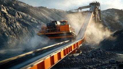 Heavy machinery transporting materials in rugged mining landscape