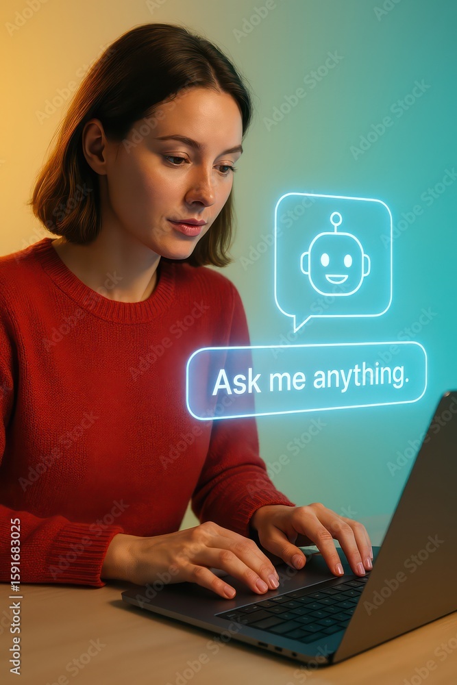 Poster a woman interacts with a chat bot interface on a laptop, a visual representation of artificial intel