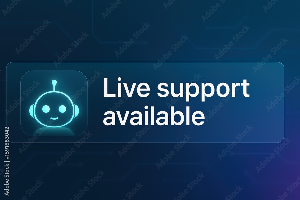 Poster a modern and digital illustration depicting a chat bot icon signaling live support availability. emp