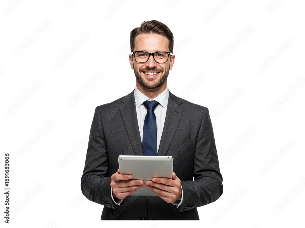 Poster smiling businessman in a suit holding a tablet computer and looking at the camera isolated on transp