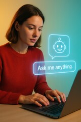 A woman interacts with a chat bot interface on a laptop, a visual representation of artificial intelligence and human interaction. the interface states ask me anything. customer support service