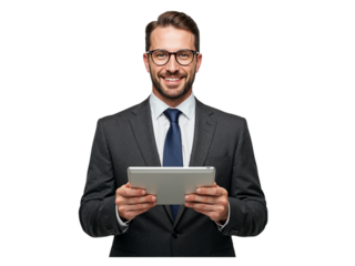 Smiling businessman wearing glasses and a suit holding a tablet computer with both hands isolated on transparent background