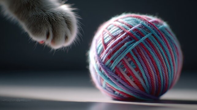 Cat paw reaching for colorful yarn ball (1)