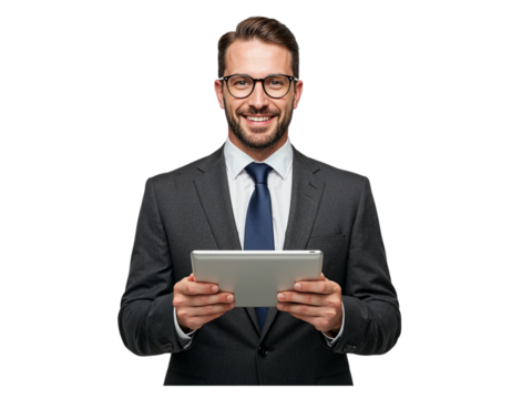 Smiling businessman wearing glasses and a suit holding a tablet computer with both hands isolated on transparent background