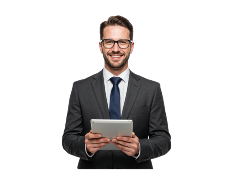 Smiling businessman in a suit holding a tablet computer and looking at the camera isolated on transparent background
