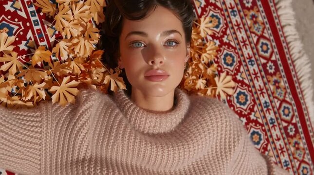 a model lies on a vibrant patterned rug with seasonal autumn leaves around her Top-Down Seasonal Stories

Overhead Creative Tableaus