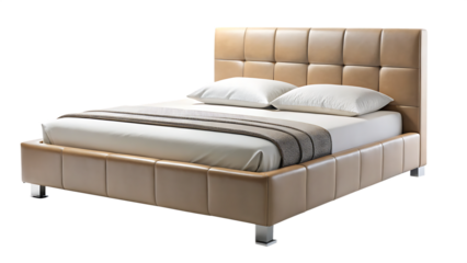 modern double bed isolated on white background, png, ai generated.