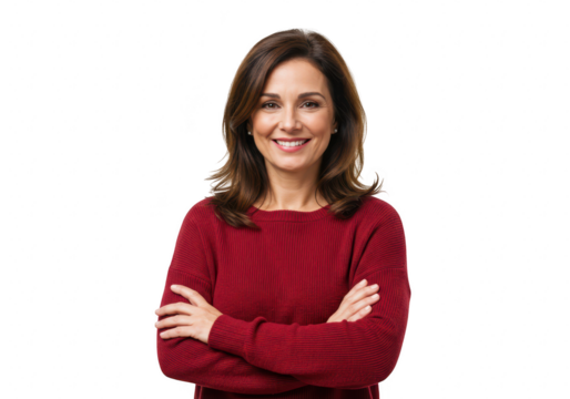 A confident middleaged woman in a red sweater smiles with her arms crossed, isolated on a transparent background