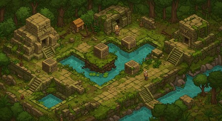 Fototapeta premium Ancient ruins stand amongst a lush jungle, moss covered temples and waterways create an atmosphere of mystery and forgotten times.