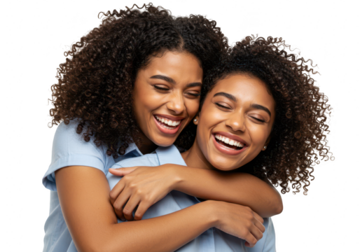 Two joyful young women with curly hair laughing and hugging, isolated on a transparent background