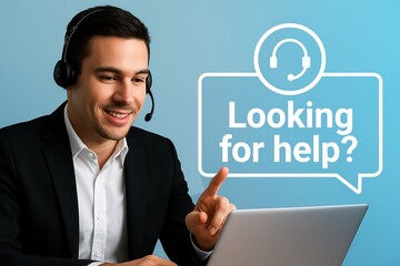 A friendly support representative, offering assistance through modern technology, creating a professional image, using modern design, wearing formal attire, ready for customer inquiries.