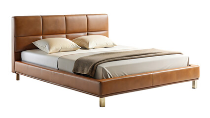 modern double bed isolated on white background, png, ai generated.
