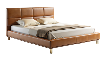 modern double bed isolated on white background, png, ai generated.