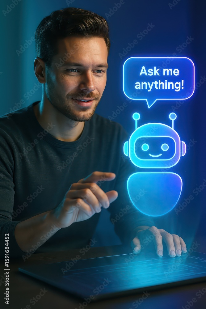 Poster a man interacts with an innovative artificial intelligence chatbot, a symbol of futuristic technolog