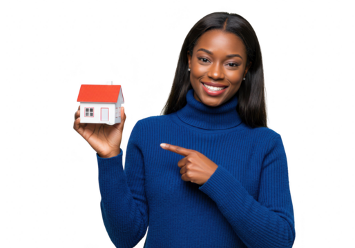 A happy woman in a blue sweater holds a model house and points to it, isolated on a transparent background, symbolizing real estate opportunities
