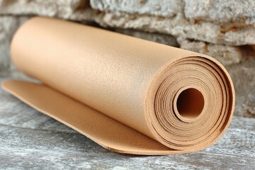 Rolled beige material rests on a light-colored surface against a stone wall