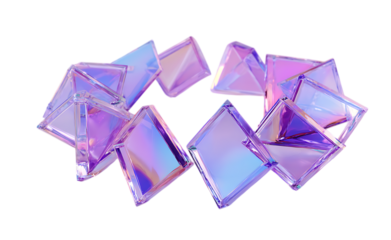 3D rendering of purple and blue glass triangles arranged in the shape of an arrow on a transparent background, in a futuristic style.