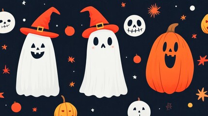 A cheerful Halloween-themed illustration featuring two friendly ghosts wearing hats, playful pumpkins, and assorted spooky motifs, Ideal for use in festive invitations, decorations, and social media,