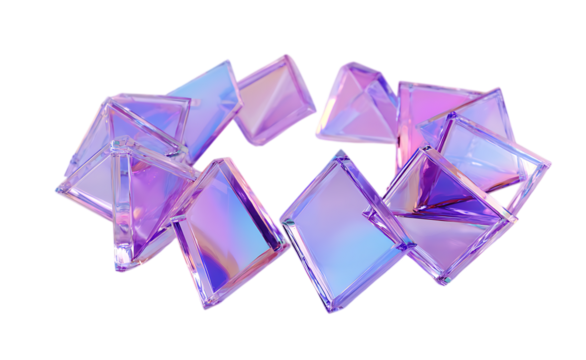 3D rendering of purple and blue glass triangles arranged in the shape of an arrow on a transparent background, in a futuristic style.