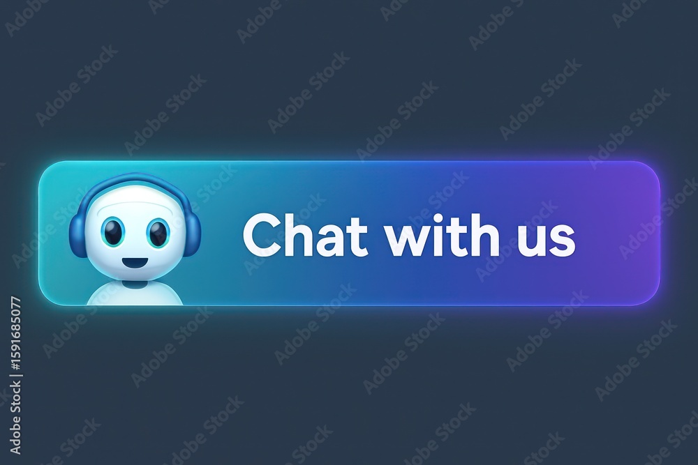 Poster a modern chat button with a friendly digital assistant and a gradient background invites users to en