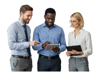 Three diverse business professionals collaborating and discussing a project using a tablet and clipboard isolated on transparent background