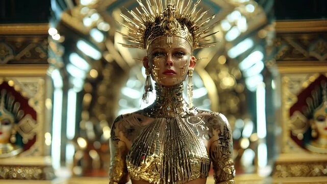 Woman with gold crown and embellishments walks confidently in a futuristic setting filled with intricate egyptian patterns