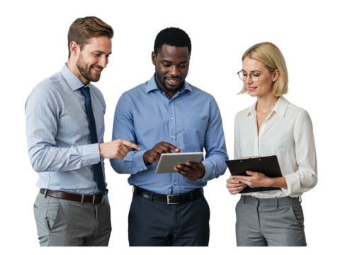 Three diverse business professionals collaborating and discussing a project using a tablet and clipboard isolated on transparent background - Powered by Adobe