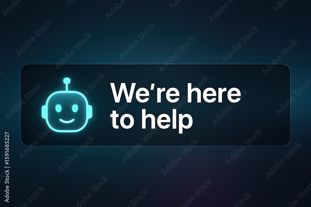 Poster we're here to help bot icon showcasing assistance with a friendly face, set against a gradient backg