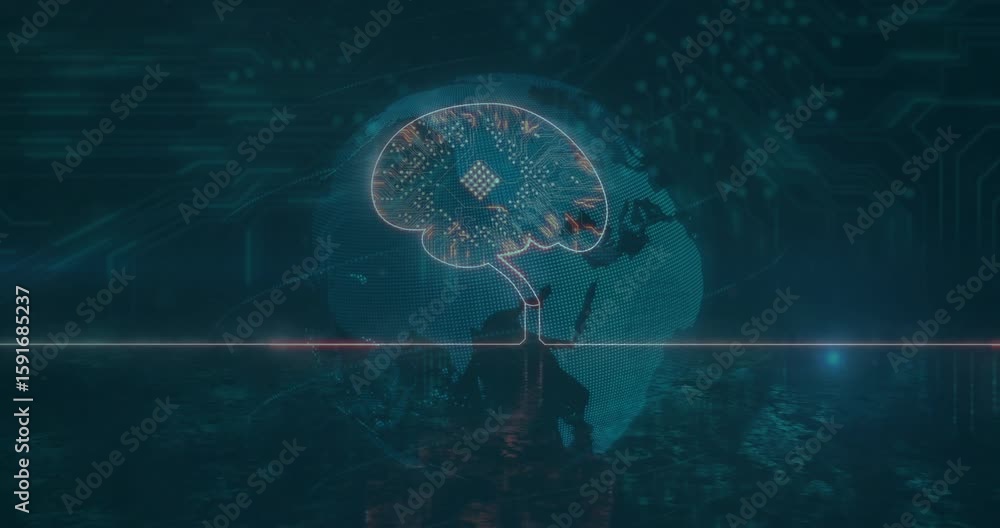 Poster horizontal line starting brain emerging nodes pulsing and globe rotating to show digital network