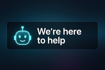 We're here to help bot icon showcasing assistance with a friendly face, set against a gradient background, customer support service