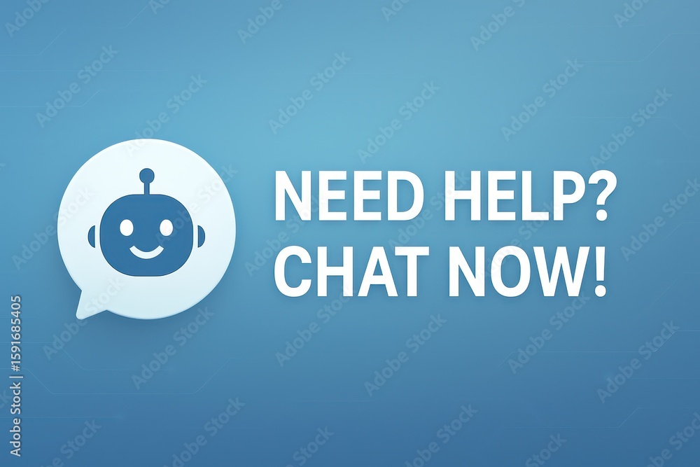 Poster a friendly chatbot offers instant support and assistance, inviting users to 'chat now' for help and 