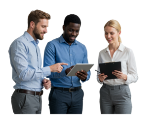 Three diverse business professionals collaborating and reviewing information on a tablet and clipboard isolated on transparent background
