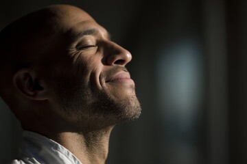 Fototapeta premium A close-up of a bald man with his eyes closed and a peaceful expression in sunlight.