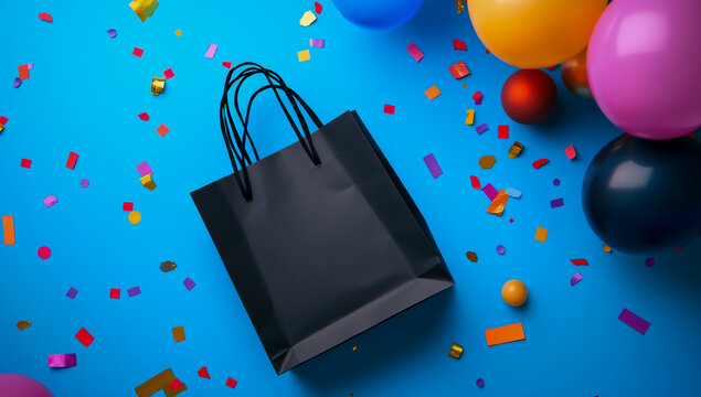 Black paper shopping bags on a bright blue background, surrounded by colorful balloons and festive confetti, celebration theme, party atmosphere, cheerful design. - Powered by Adobe
