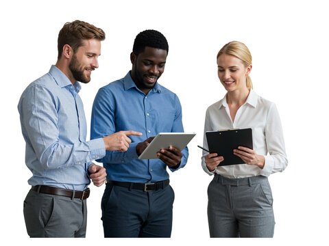 Three diverse business professionals collaborating and reviewing information on a tablet and clipboard isolated on transparent background