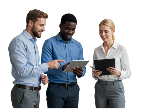 Three diverse business professionals collaborating and reviewing information on a tablet and clipboard isolated on transparent background