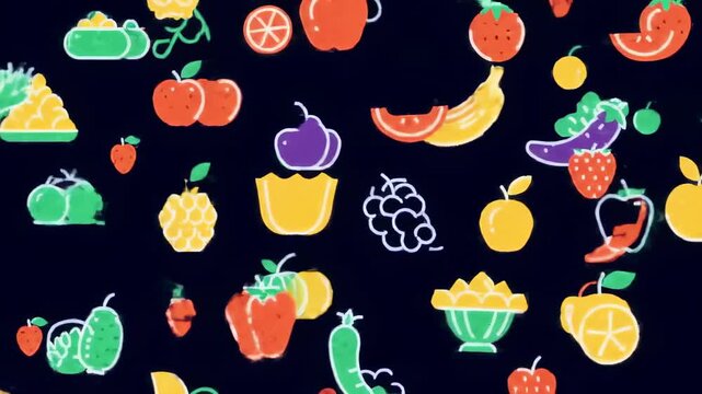Colorful fruit and vegetable pattern on black background